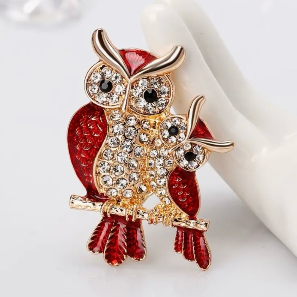 Red Drip Oil Inlaid Enamel Gold Tone Rhinestone Brooch. K-Fashion.